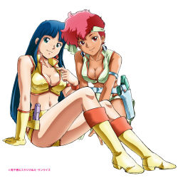 Rule 34 | 2girls, absurdres, blue eyes, blue hair, boots, breasts, cleavage, copyright notice, crop top, dirty pair, earrings, gloves, gun, headband, highres, holstered, jewelry, kei (dirty pair), long hair, looking at viewer, medium breasts, multiple girls, navel, official art, photoshop (medium), red eyes, red hair, short hair, short shorts, shorts, simple background, single glove, smile, weapon, white background, yellow gloves, yuri (dirty pair)