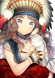 Rule 34 | 1girl, :o, blue eyes, blush, breasts, brown hair, cleavage, closed mouth, collarbone, eyebrows, eyelashes, feathers, grey eyes, hair ribbon, headdress, holding, jacket, jewelry, long hair, looking at viewer, native american headdress, necklace, original, ribbon, see-through, short sleeves, simple background, sleeves past wrists, solo, tress ribbon, upper body, white background, wrist cuffs, yanyo (ogino atsuki)