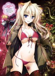 Rule 34 | 1girl, :d, absurdres, animal ears, bikini, black thighhighs, blonde hair, blue eyes, blush, bow, breasts, cat ears, cat tail, christmas, christmas tree, coat, highres, karory, light brown hair, long hair, looking at viewer, navel, open clothes, open coat, open mouth, red bikini, ribbon, smile, solo, swimsuit, tail, tattoo, thighhighs, toranoana, translation request, unworn coat