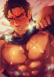 Rule 34 | 1boy, abs, bara, bare pectorals, black shirt, breath, brown hair, close-up, clothes lift, dark-skinned male, dark skin, flee ad, large pectorals, lifted by self, looking at viewer, male focus, mature male, muscular, muscular male, nipples, on bed, original, pectoral focus, pectorals, shirt, shirt lift, short hair, sideburns, solo, stomach, sweat, upper body, yellow eyes