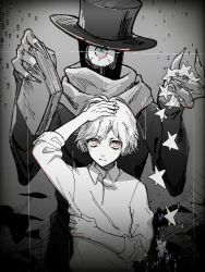 Rule 34 | 2boys, ban-chan, book, closed mouth, collared shirt, g (itsuzono), hand in own hair, hat, hitotsume-sama, long sleeves, looking at viewer, male focus, monochrome, multiple boys, nonsense bunkaku (vocaloid), one-eyed, scarf, shirt, song name, star (symbol), tamago (mah), top hat, veins, vocaloid, white hair