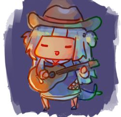 Rule 34 | 1girl, :d, = =, alt text, animal costume, animal hood, blue background, blue hair, blunt bangs, chibi, commentary, cowboy hat, english commentary, fins, fish tail, full body, gawr gura, gawr gura (1st costume), guitar, hat, highres, holding, holding instrument, hololive, hololive english, hood, hood down, hoodie, instrument, medium hair, multicolored hair, open mouth, shark costume, shark girl, shark hood, shark tail, simple background, smile, solo, standing, streaked hair, tail, two side up, virtual youtuber, walfie