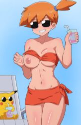 Rule 34 | 1girl, asymmetrical hair, bikini, blush, breasts, creatures (company), female focus, game freak, gen 1 pokemon, green eyes, groping, hair tie, hameneko, large breasts, legs, midriff, misty (pokemon), muscular, navel, nintendo, nipples, pikachu, pokemon, pokemon (anime), pokemon (classic anime), pokemon ep004, ponytail, presenting, red bikini, side ponytail, sleeveless, solo, stomach, sunglasses, swimsuit, thick thighs, thighs, wide hips