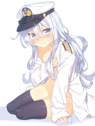 Rule 34 | 10s, 1girl, alternate costume, black thighhighs, blush, breasts, closed mouth, coat, collarbone, commentary request, covering breasts, covering privates, full body, hair between eyes, hat, hibiki (kancolle), jacket, kantai collection, legs together, long hair, long sleeves, looking at viewer, military, military uniform, naked coat, no bra, nose blush, open clothes, open jacket, oversized clothes, peaked cap, racer (magnet), shiny skin, silver hair, simple background, sitting, sleeves past wrists, small breasts, smile, solo, thighhighs, uniform, verniy (kancolle), very long hair, wavy hair, white background, white hat, yokozuwari