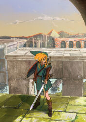 Rule 34 | ayana (tannsann), belt, blonde hair, blue eyes, boots, bow (weapon), cloud, full body, hat, highres, link, long hair, male focus, master sword, nintendo, outdoors, pyramid (structure), ruins, shield, solo, standing, sword, the legend of zelda, the legend of zelda: a link to the past, tunic, water, weapon