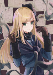 Rule 34 | 1girl, blonde hair, blue jacket, blush, brown gloves, chitake, closed mouth, fate/grand order, fate (series), gloves, hands up, hat, jacket, long hair, looking at viewer, paper, reines el-melloi archisorte, smile, tilted headwear