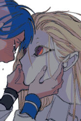 Rule 34 | 2girls, blonde hair, blue hair, blush, closed eyes, collared shirt, commentary request, earrings, fingernails, hand on another&#039;s face, highres, jewelry, long hair, looking at another, multiple girls, naotin3333, original, red eyes, shirt, simple background, stud earrings, tears, white background