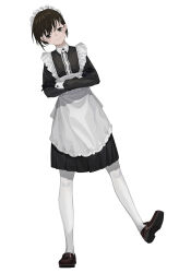 Rule 34 | 1girl, absurdres, apron, black dress, black eyes, black gloves, black hair, blush, brown footwear, closed mouth, collared dress, commentary, crossed arms, dress, flat chest, full body, fuwafuwa4560, gloves, hair ornament, hairclip, highres, leaning to the side, loafers, looking at viewer, maid, maid headdress, mole, mole under eye, original, pantyhose, pleated dress, shoes, simple background, sleeve cuffs, smile, solo, standing, standing on one leg, white apron, white background, white pantyhose