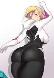 Rule 34 | 1girl, animification, arms up, ass, aster crowley, backboob, blonde hair, blue eyes, blush, bodysuit, breasts, eyebrow piercing, hairband, highres, hood, hooded bodysuit, huge ass, large breasts, leg up, looking at viewer, looking back, looking up, marvel, open mouth, outstretched arm, piercing, short hair, simple background, skin tight, solo, spider-gwen, spider-man: into the spider-verse, spider-man (series), spider-verse, white background