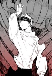 Rule 34 | 1boy, arm up, black hair, black pants, giant hand, gradient background, greyscale with colored background, high collar, highres, hover hand, jacket, jomae gen, jujutsu kaisen, long sleeves, looking at viewer, male focus, okkotsu yuuta, open mouth, orimoto rika, pants, red background, school uniform, short hair, solo focus, teeth, white jacket