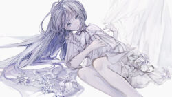 Rule 34 | 1girl, absurdres, bare legs, blue eyes, c cand1e, closed mouth, commission, curtains, dress, feet out of frame, flower, frills, grey hair, highres, long hair, looking at viewer, lying, neck ribbon, on side, original, ribbon, simple background, solo, very long hair, white background, white dress, white flower