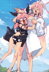 Rule 34 | &lt;|&gt; &lt;|&gt;, 2girls, absurdres, ahoge, arm up, bag, behind another, between breasts, bikini, black bikini, black bow, blonde hair, blue archive, blue sky, blush, body markings, bow, breasts, cloud, cloudy sky, colored tips, commentary, day, dress shirt, duffel bag, dutch angle, feet out of frame, flower (symbol), flustered, flying sweatdrops, hair bow, halo, hanako (blue archive), hanako (swimsuit) (blue archive), hand up, head between breasts, head wings, highres, holding hands, kinzaibatsu91, koharu (blue archive), koharu (swimsuit) (blue archive), large breasts, long hair, looking ahead, low twintails, low wings, multicolored hair, multiple girls, multiple hair bows, multiple wings, official alternate costume, open mouth, outdoors, pink hair, shirt, shoulder bag, skinny, sky, small breasts, smile, standing, sweat, swimsuit, twintails, very long hair, white shirt, wings