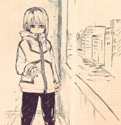 Rule 34 | 1girl, coat, commentary request, covered mouth, hair between eyes, highres, jacket, kotoyama, looking at viewer, medium hair, monochrome, original, pants, solo, standing, sweatpants