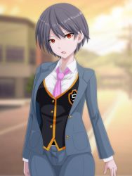 Rule 34 | 1girl, akumara, blurry, blurry background, breasts, buttons, collared shirt, evening, formal, grey hair, grey suit, hair between eyes, highres, long sleeves, medium breasts, necktie, open mouth, original, pants, pink necktie, red eyes, road, shirt, short hair, solo, street, suit, tomboy, tongue, vest, white shirt