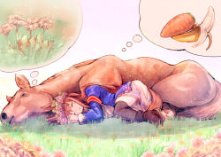 Rule 34 | 1girl, 1other, animal ears, armband, banana, carrot, creature and personification, dandelion, flower, flower wreath, food, fruit, grass, grass wonder (racehorse), grass wonder (umamusume), horse, horse ears, horse girl, horse tail, on grass, real life, sleeping, spoken object, tail, thought bubble, umamusume, usapenpen2019