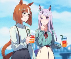 Rule 34 | 2girls, animal ears, asymmetrical bangs, blurry, blurry background, blush, bow, braid, braided ponytail, commission, cup, disposable cup, ear bow, glasses, hand up, highres, holding, holding cup, horse ears, horse girl, horse tail, ikuno dictus (umamusume), long sleeves, looking at another, mejiro mcqueen (umamusume), multiple girls, open mouth, orange hair, purple eyes, purple hair, round eyewear, shirt, shirt tucked in, skeb commission, skirt, smile, sugamo (rainysnowy108), suspenders, tail, teeth, turtleneck, umamusume, upper body, white shirt, white skirt, yellow eyes