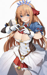 Rule 34 | 1girl, ahoge, amagasa yun, armor, blue eyes, blue sleeves, blush, braid, breasts, cleavage, cowboy shot, gloves, hair ribbon, heart, heart-shaped pupils, heart hands, highres, large breasts, long hair, looking at viewer, miniskirt, open mouth, orange hair, pauldrons, pecorine (princess connect!), pleated skirt, princess connect!, puffy short sleeves, puffy sleeves, red ribbon, red skirt, ribbon, short sleeves, shoulder armor, shrug (clothing), side braid, simple background, single pauldron, skirt, smile, solo, symbol-shaped pupils, tiara, white background, white gloves