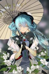 Rule 34 | 1girl, absurdres, aqua eyes, aqua hair, black gloves, black headwear, blurry, blurry background, commentary, crossed bangs, flower, gloves, hair between eyes, half gloves, hatsune miku, highres, holding, holding umbrella, leaf, long hair, looking at viewer, miku with you (vocaloid), oil-paper umbrella, smile, twintails, umbrella, very long hair, vocaloid, weifengbing