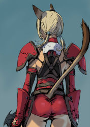 Rule 34 | 00s, 1girl, animal ears, armor, arms at sides, ass, back, bad id, bad pixiv id, blonde hair, blue background, branch (blackrabbits), cat girl, clothing cutout, cowboy shot, faulds, final fantasy, final fantasy xi, high-waist shorts, holding, holding sword, holding weapon, mithra (ff11), pauldrons, shorts, shoulder armor, skin tight, solo, sword, tail, tail through clothes, twintails, weapon