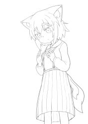 Rule 34 | 1girl, absurdres, alternate costume, animal ear fluff, animal ears, blush, closed mouth, collared shirt, colored eyelashes, greyscale, highres, inubashiri momiji, kibisake, long sleeves, monochrome, pleated skirt, pulled by self, shirt, simple background, skirt, solo, standing, suspender skirt, suspenders, suspenders pull, tail, thick eyebrows, touhou, white background, wolf ears, wolf girl, wolf tail