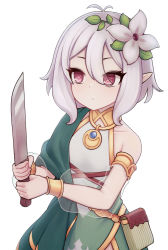 Rule 34 | 1girl, antenna hair, belt, closed mouth, commentary, detached sleeves, dress, flat chest, flower, grey hair, hair between eyes, hair flower, hair ornament, highres, holding, holding knife, jacy, knife, kokkoro (princess connect!), pink eyes, pointy ears, pouch, princess connect!, see-through, see-through sleeves, short hair, sidelocks, simple background, single bare shoulder, sleeveless, sleeveless dress, solo, symbol-only commentary, upper body, white background
