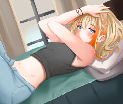 Rule 34 | 1girl, absurdres, akai watame, bed, black shirt, blue eyes, blush, breasts, closed mouth, commentary request, cowboy shot, expressionless, grey pants, hands on own head, highres, light brown hair, looking at viewer, lying, medium bangs, midriff, multicolored hair, nanashi inc., navel, on back, open fly, orange hair, pants, pillow, shirt, short hair, sleeveless, sleeveless shirt, small breasts, solo, touri sei, touri sei (2nd costume), two-tone hair, virtual youtuber, window