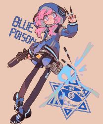 Rule 34 | 1girl, arknights, blue eyes, blue poison (arknights), bolo tie, bow (weapon), chibi, chinese commentary, crossbow, dart, holding, holding weapon, hood, hood up, hooded jacket, jacket, low twintails, pantyhose, pink hair, solo, thurim6, twintails, weapon