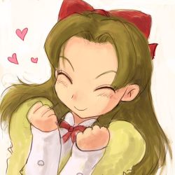 Rule 34 | 00s, 1girl, ^ ^, blush, bow, brown hair, clenched hands, closed eyes, hair bow, heart, houshakuji renge, long hair, long sleeves, ouran high school host club, red bow, simple background, smile, solo, upper body, white background