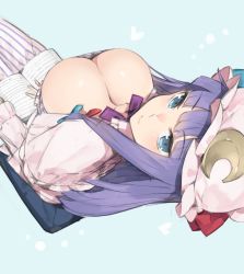 Rule 34 | 1girl, blue background, blue eyes, blunt bangs, book, breasts, cleavage, closed mouth, downblouse, dress, from above, hat, hayashi kewi, large breasts, long hair, long sleeves, looking at viewer, mob cap, open book, patchouli knowledge, pillow, pink dress, pink hat, purple hair, simple background, sitting, smile, solo, striped clothes, striped dress, touhou, vertical-striped clothes, vertical-striped dress