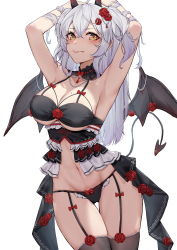 Rule 34 | 1girl, absurdres, armpits, arms up, bad id, bad pixiv id, black panties, black thighhighs, blush, bow, bow panties, breasts, cleavage, closed mouth, cowboy shot, crossed bangs, demon girl, demon tail, demon wings, fang, garter straps, hair ornament, highres, horns, large breasts, looking at viewer, mole, mole on breast, navel, original, panties, simple background, smile, solo, tail, thigh gap, thighhighs, thighs, underwear, white background, white hair, wings, yellow eyes, yukiaka