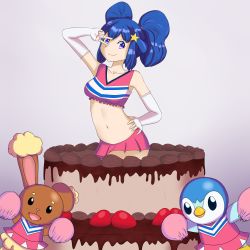 Rule 34 | 1girl, 2others, absurdres, alternate costume, alternate hairstyle, bare shoulders, blue eyes, blue hair, buneary, cake, cheerleader, closed mouth, clothed pokemon, collarbone, creatures (company), crop top, dawn (pokemon), elbow gloves, facing viewer, food, fruit, game freak, gen 4 pokemon, gloves, hair ornament, hairclip, hand on own hip, highres, long hair, looking at viewer, multiple others, navel, nintendo, nocunoct, open mouth, piplup, pokemon, pokemon (anime), pokemon (creature), pom pom (cheerleading), simple background, skirt, sleeveless, smile, strawberry, v, v over eye