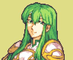 Rule 34 | 1girl, armor, breastplate, fire emblem, fire emblem: shadow dragon and the blade of light, glaceo, green eyes, green hair, long hair, looking at viewer, lowres, nintendo, palla (fire emblem), pauldrons, pixel art, shoulder armor, sidelocks, simple background, smile, solo, upper body, yellow background