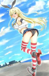 Rule 34 | 10s, 1girl, baretto (karasi07), black panties, black ribbon, blonde hair, blue skirt, elbow gloves, gloves, green eyes, hair ribbon, highleg, highleg panties, highres, kantai collection, long hair, looking at viewer, microskirt, open mouth, outdoors, panties, ribbon, shimakaze (kancolle), skirt, solo, striped clothes, striped thighhighs, thighhighs, underwear, white gloves
