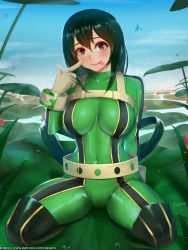 Rule 34 | 1girl, asui tsuyu, black eyes, black sclera, black thighhighs, bodysuit, boku no hero academia, breasts, closed mouth, colored sclera, covered navel, day, easonx, frog girl, green bodysuit, hair rings, highres, large breasts, long hair, looking at viewer, low-tied long hair, multicolored clothes, outdoors, shiny clothes, shiny skin, skin tight, smile, solo, spread legs, squatting, thighhighs, water, wet