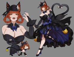 Rule 34 | 1girl, :3, alternate costume, alternate hairstyle, animal ears, black dress, black footwear, black headwear, blue nails, cat ears, cat girl, cat tail, commentary, detached sleeves, dress, english commentary, grey background, high heels, highres, kaenbyou rin, kaenbyou rin (pikara flame), mole, mole under eye, multiple tails, multiple views, nekomata, open mouth, red eyes, red hair, simple background, tail, tomatolover16, touhou, touhou lostword, two tails