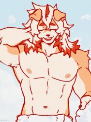 Rule 34 | 1boy, abs, arknights, arm behind head, bara, blue background, claws, closed eyes, commentary, condensation, furry, furry male, highres, holding, holding towel, horns, hung (arknights), multicolored hair, mythological creature, open mouth, pectorals, single horn, steam, symbol-only commentary, tadarii, topless male, towel, towel around waist