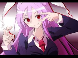 Rule 34 | animal ears, black jacket, blazer, blouse, breasts, closed mouth, collarbone, collared shirt, commentary request, fingernails, happy, head tilt, highres, jacket, letterboxed, long hair, long sleeves, looking at viewer, medium breasts, moon rabbit, necktie, purple hair, rabbit ears, rabbit girl, red eyes, red necktie, reisen udongein inaba, shinmon akika, shirt, smile, touhou, v, very long hair, white shirt