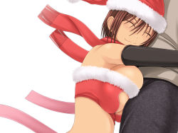 Rule 34 | 1girl, ^ ^, aebafuti, blush, breast press, breasts, breasts on another&#039;s back, brown hair, christmas, closed eyes, hat, hug, hug from behind, huge breasts, original, santa hat, scarf, sexually suggestive, short hair, simple background, smile, white background