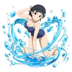 Rule 34 | 1girl, adjusting hair, all fours, arm support, barefoot, black eyes, black hair, blue one-piece swimsuit, blunt bangs, breasts, cleavage, collarbone, competition school swimsuit, full body, hair ornament, hairclip, highres, kirigaya suguha, large breasts, legs apart, looking at viewer, official art, one-piece swimsuit, school swimsuit, short hair, solo, sparkle, swimsuit, sword art online, transparent background, water, water drop