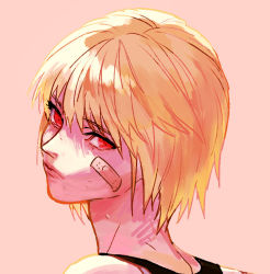 Rule 34 | 10000lovers, 1boy, bandaid, bandaid on face, blonde hair, close-up, closed mouth, eyebrows, eyelashes, hunter x hunter, kurapika, looking at viewer, looking back, looking to the side, male focus, pink background, portrait, simple background, sketch, solo, tank top