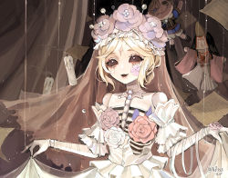 Rule 34 | 1girl, artist name, bare shoulders, black eyes, blonde hair, candle, character doll, clothes pull, cracked skin, curtains, detached sleeves, doll joints, dress, dress pull, eyeshadow, facial mark, flower, galatea (&quot;succubus&quot;) (identity v), galatea (identity v), hair bun, highres, hoge (n8sss), identity v, joints, makeup, michiko (identity v), michiko (rainmaker) (identity v), needle, open mouth, paper, pink flower, red eyeshadow, ribs, runny makeup, sewing needle, smoke, solo, stitched mouth, stitches, string, torn clothes, torn veil, twitter username, veil, victor grantz, victor grantz (&quot;the prince&quot;), white dress, white flower