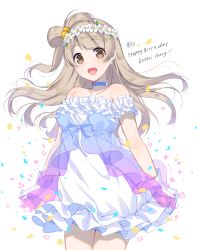 Rule 34 | 10s, 1girl, :d, bare shoulders, brown eyes, brown hair, character name, choker, collarbone, donacoo, flower, flower on head, hair ornament, happy birthday, head wreath, long hair, looking at viewer, love live!, love live! school idol project, minami kotori, open mouth, petals, smile, solo, yume no tobira, yuuhi homare