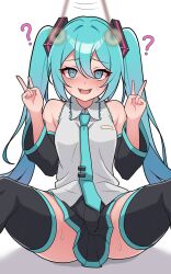 Rule 34 | 1girl, :d, ?, @ @, aqua eyes, aqua hair, aqua necktie, armpit crease, bare shoulders, black skirt, black sleeves, black thighhighs, blush, breasts, cleavage, coin, coin on string, commentary, crotch outline, detached sleeves, double-parted bangs, double v, furrowed brow, grey shirt, hair between eyes, hatsune miku, highres, holed coin, hypnosis, kumada gaon, long hair, looking at viewer, m legs, medium breasts, mind control, motion lines, necktie, nose blush, on floor, open mouth, pendulum, pleated skirt, shirt, simple background, sitting, skirt, smile, solo, sweat, thighhighs, thighs, twintails, v, very long hair, vocaloid, w arms, white background