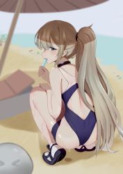 Rule 34 | 1girl, ass, bare arms, bare shoulders, beach, black choker, blue eyes, blue one-piece swimsuit, blush, choker, fate (series), food, from behind, full body, holding, holding food, long hair, lord el-melloi ii case files, ocean, one-piece swimsuit, outdoors, ponytail, reines el-melloi archisorte, shoes, swimsuit, teeth, xinmo sana