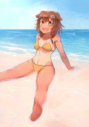 Rule 34 | 1girl, absurdres, alternate costume, animal ears, bare legs, barefoot, beach, bikini, blue sky, blush, bone hair ornament, braid, breasts, brown hair, cleavage, cloud, cloudy sky, commentary, day, dog ears, dog girl, fang, full body, hair between eyes, hair ornament, highres, hololive, inugami korone, looking at viewer, medium breasts, medium hair, midriff, navel, no tail, ocean, open mouth, outdoors, partially submerged, red eyes, side braids, sitting, sky, smile, solo, spread legs, swimsuit, tan, tanline, thighs, tsumumi (ozakiyo), twin braids, underboob, virtual youtuber, water, wet, yellow bikini