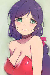 Rule 34 | 1girl, bare shoulders, breasts, choker, cleavage, closed mouth, collarbone, commentary request, duke (inu daimyou), green background, green eyes, hair ribbon, long hair, looking at viewer, love live!, love live! school idol project, low twintails, medium breasts, purple hair, red choker, red ribbon, ribbon, simple background, smile, solo, tojo nozomi, twintails, upper body