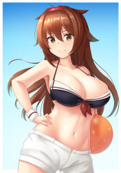 Rule 34 | 1girl, bad id, bad pixiv id, ball, beachball, bikini, bikini top only, blue background, breasts, brown eyes, brown hair, cleavage, collarbone, hair flaps, hairband, hand on own hip, hemosianin, highres, kantai collection, large breasts, long hair, looking at viewer, navel, shiratsuyu (kancolle), shorts, smile, solo, standing, swimsuit, wristband
