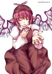 Rule 34 | 1girl, animal ears, arm strap, brown dress, dress, closed eyes, female focus, hat, hitsuki rei, music, mystia lorelei, nail polish, outstretched arm, outstretched hand, red nails, singing, solo, touhou, watermark, web address, white background, wings