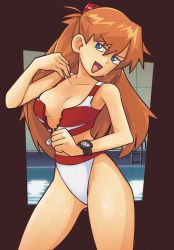 1girl, artist request, bare legs, bare shoulders, bikini, blue eyes, breasts, cleavage, grin, hand in hair, highres, interface headset, legs apart, long hair, medium breasts, naughty face, navel, neon genesis evangelion, open mouth, orange hair, shiny, shiny hair, shiny skin, side-tie bikini, smile, solo, sonic (series), sonic the hedgehog, soryu asuka langley, striped, striped bikini, swimsuit, tsundere, twintails, unzipped, upper body, watch, water, wet