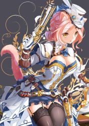 Rule 34 | 1girl, animal ears, antique firearm, arm guards, bad id, bad pixiv id, belt, belt pouch, black thighhighs, blue ribbon, blue skirt, breasts, cat ears, cat tail, cleavage, cleavage cutout, clothing cutout, collar, cowboy shot, dress, eyelashes, fatkewell, feathers, firearm, firelock, garter straps, grey background, gun, handgun, hat, highres, holding, holding gun, holding weapon, holster, lace, lace-trimmed legwear, lace trim, large breasts, looking at viewer, medium breasts, mini hat, mini top hat, o-ring, original, pink hair, pistol, pocket, pouch, ribbon, simple background, skirt, solo, steampunk, tail, thighhighs, top hat, tsurime, waist cape, weapon, white hat, wing collar, yellow eyes, zettai ryouiki